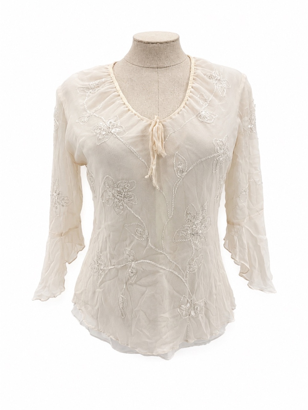 Carole Little Ivory Sheer Embroidered Floral Blouse Top Size Small Silk Vintage
